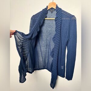 Eileen Fisher Navy Blue Linen Blend Cardigan‎ Sweater Small S knitted ruffles